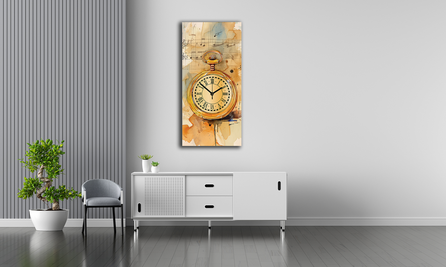 Vertical Wall Clock Printed on Canvas - GOLDEN WATCH Yellow